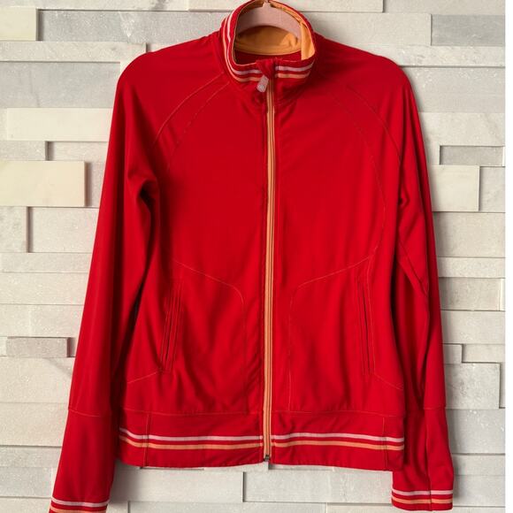 ALO YOGA COOLFIT Full Zip Stand Collar Stripe Detailed Nylon Track Jacket  S Red - Picture 1 of 7